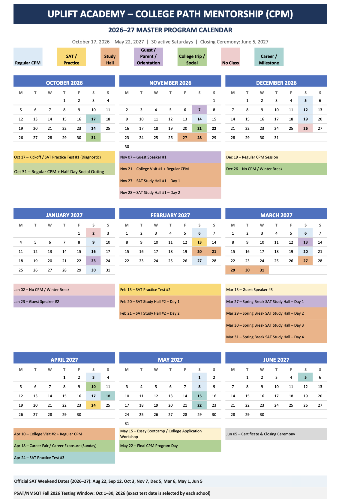 2026–27 UPLIFT Academy Program Calendar